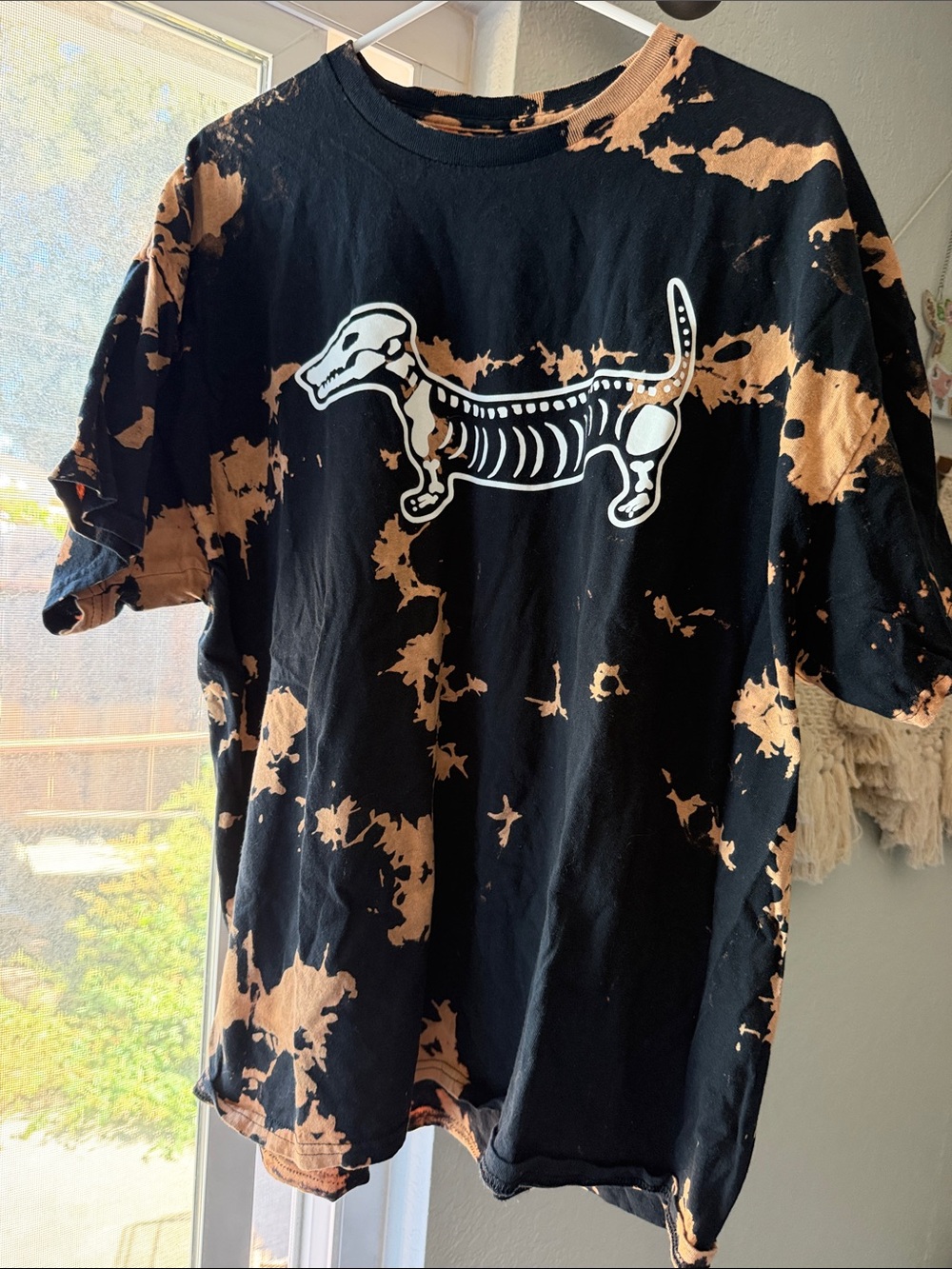 Black & Tan Bleach-Effect Short Sleeve Tee with Skeleton Dachshund Graphic